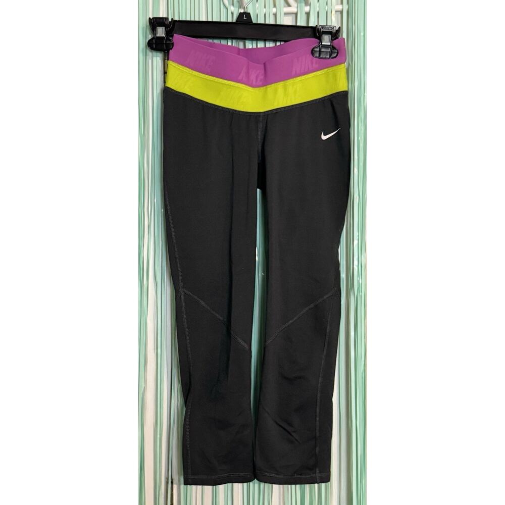 Nike Pro Dri-Fit Gray Leggings With Purple & Lime Green Waist, Fitted, Small